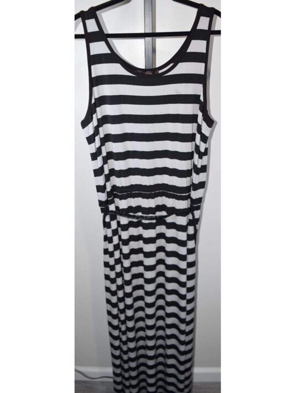Fever Black & White Striped Sleeveless Maxi Dress Braided Waist Tie Size XL